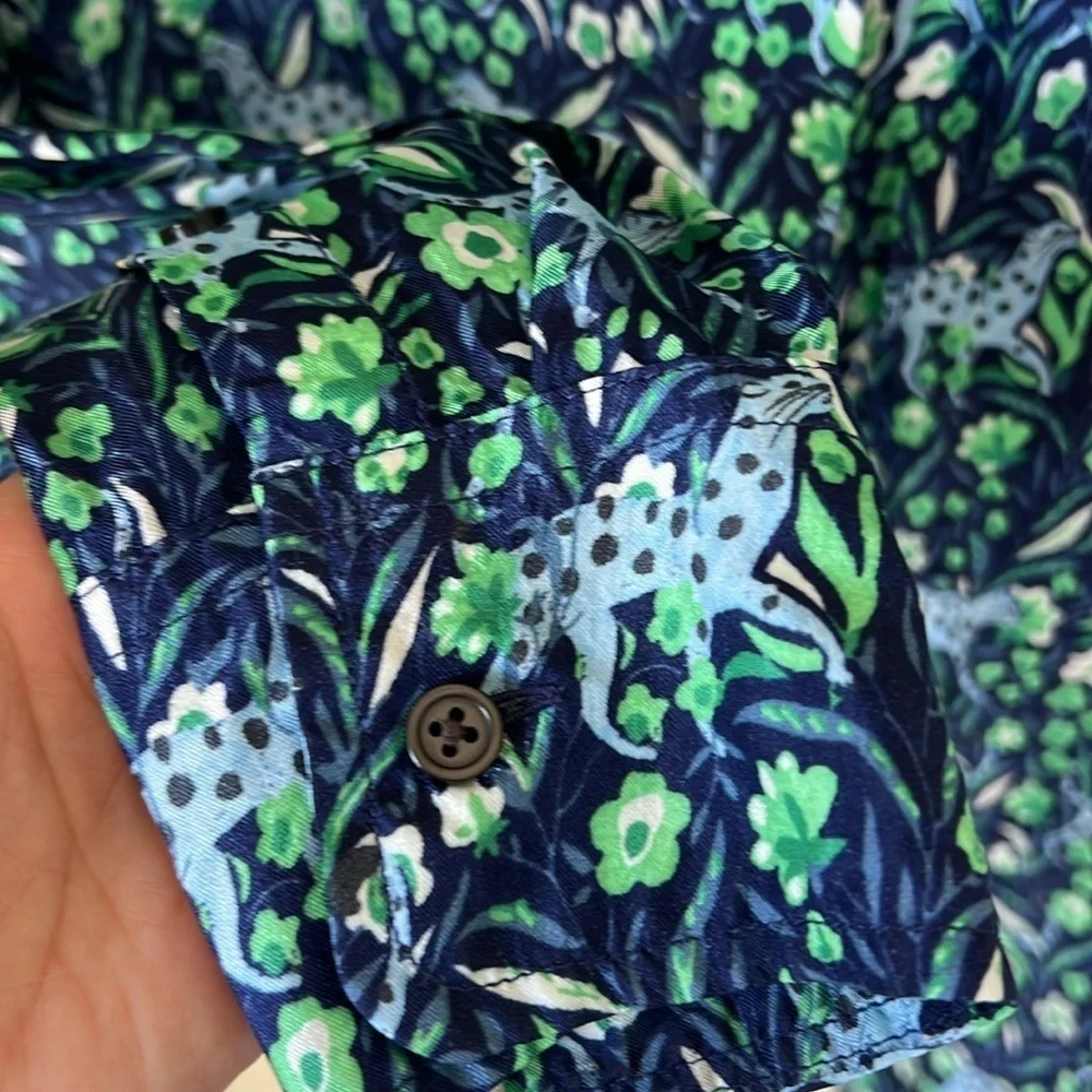 J. Crew blue and green floral leopard button down blouse